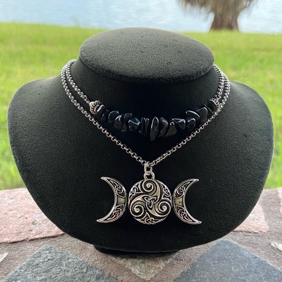 Silverskylight Jewelry - Celtic moon necklace . Double layer onyx & celtic knot triple moon charm